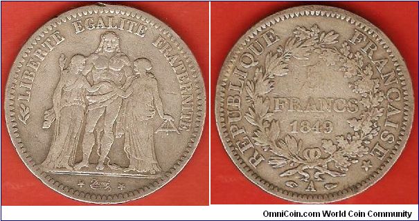 Second Republic
5 francs
0.900 silver
Paris Mint