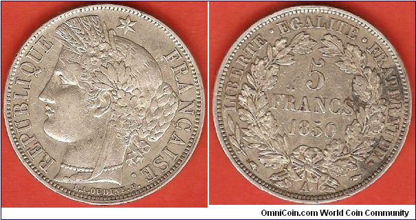 Second Republic
5 francs
Ceres, goddess of agriculture
0.900 silver
Paris Mint