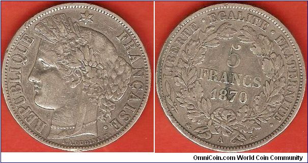 Third Republic
Ceres, goddess of agriculture
5 francs
0.900 silver
Paris Mint