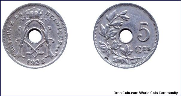 Belgium, 5 centimes, 1925, Cu-Ni, holed, Royaume de Belgique.                                                                                                                                                                                                                                                                                                                                                                                                                                                       