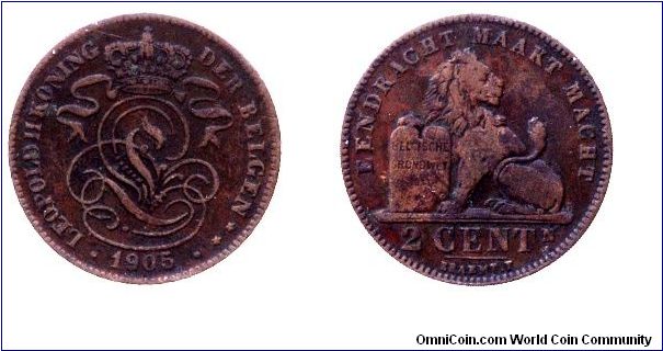 Belgium, 2 centimes, 1905, Cu, Eendracht Maakt Macht, Leopold II Koning der Belgen.                                                                                                                                                                                                                                                                                                                                                                                                                                 