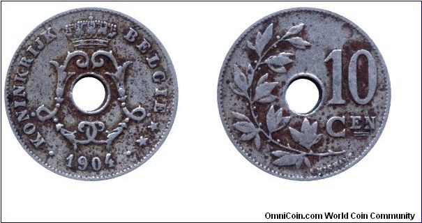 Belgium, 10 centimes, 1904, Cu-Ni, holed, Koninkrijk Belgie.                                                                                                                                                                                                                                                                                                                                                                                                                                                        