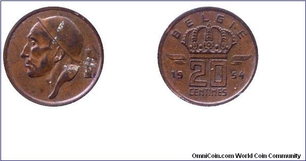 Belgium, 20 centimes, 1954, Bronze, Belgie.                                                                                                                                                                                                                                                                                                                                                                                                                                                                         