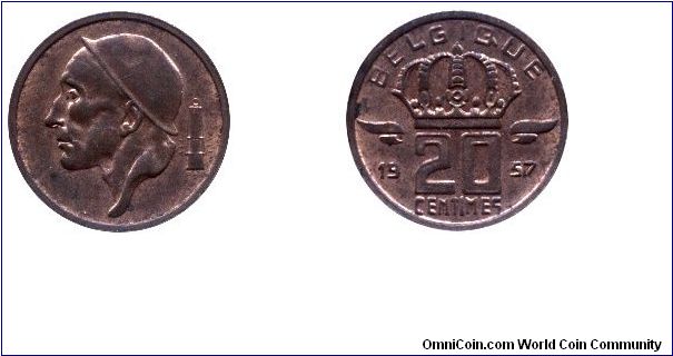 Belgium, 20 centimes, 1957, Bronze, Belgique.                                                                                                                                                                                                                                                                                                                                                                                                                                                                       