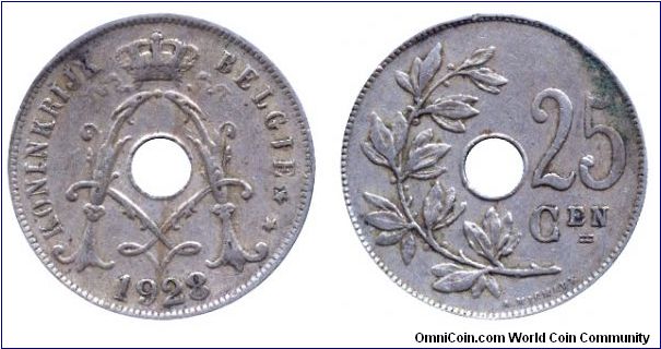 Belgium, 25 centimes, 1928, Cu-Ni, holed, Koninkrijk Belgie.                                                                                                                                                                                                                                                                                                                                                                                                                                                        
