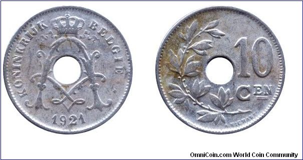 Belgium, 10 centimes, 1921, Cu-Ni, holed, Koninkrijk Belgie.                                                                                                                                                                                                                                                                                                                                                                                                                                                        