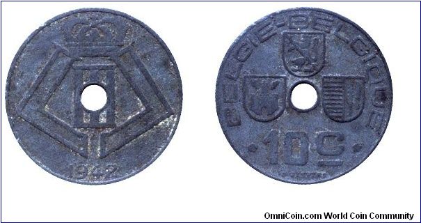 Belgium, 10 centimes, 1942, Zn, holed, WWII issue, Belgie - Belgique.                                                                                                                                                                                                                                                                                                                                                                                                                                               