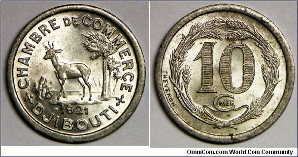 French colony one year type emergency aluminium token coinage 10 centimes, issued by Chamber of Commerce. Obv.: Horned deer left of tree. Rev.: Denomination within wreath. Rare type especially in this superb brilliant uncirculated condition. [SOLD]
