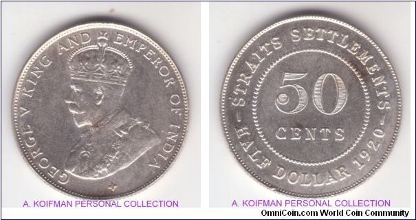 KM-35.1, 1920 Straits Settlements 50 cents; silver reeded edge; nice almost uncirculated specimen but have a couple of toning streaks and a small rim side impact on reverse at 7 o'clock