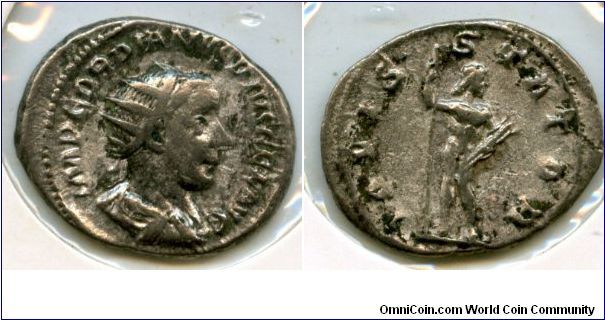Gordian III 
Caesar April-June 238ad Augustus 238-244ad
Antoninianus
IMP GORDIANVS PIVS FEL AVG, radiate, draped bust right 
IOVIS STATOR, Jupiter standing front, head right, with scepter & thunderbolt