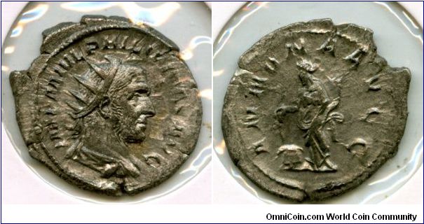 Philip I (the Arab) 244-249ad
Antoninianus
IMP M IVL PHILIPPVS AVG
Radiate, draped & cuirassed bust right
ANNONA AVGG, Annona standing left, holding corn-ears over a modius & cornucopiae