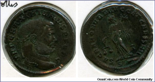 Maximianus Herculeus
Augustus 286-305, 307-308 and 310ad
Follis
IMP C MAXIMIANVS P F AVG, laureate head right 
SACRA MONET VRB AVGG ET CAESS N N, Aequitas standing left, holding scales & cornucopiae, S(club) in ex