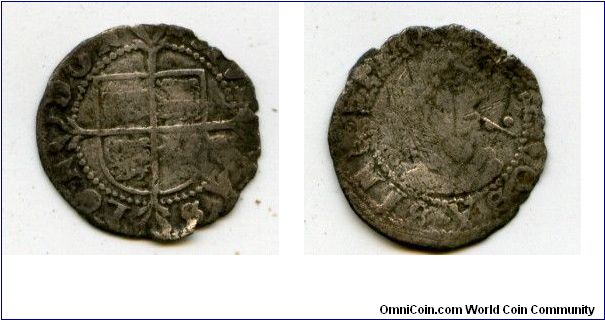 Elizabeth I 1558 - 1603
Halfgroat
Tudor Coat of Arms with Lions and Lis with a cross fourchee 
Portrait of Elizabeth I, two pellets
Mm ?
S2579