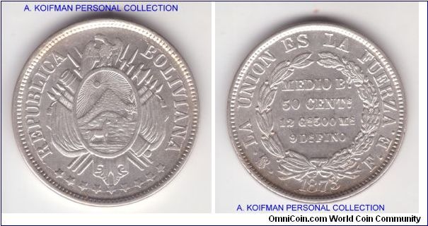 KM-161.1, 1873 Bolivia half Boliviano or 50 Centavos; nice I would say goof extra fine or better based on wear, not clear signs of cleaning and came relatively inexpensive
