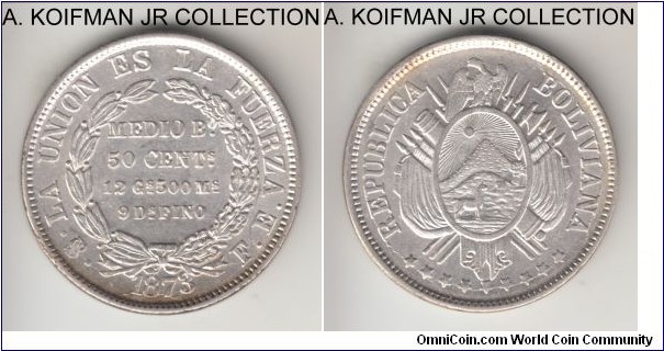KM-161.1, 1873 Bolivia 50 centavos or 1/2 boliviano, FE essayer, Potosi mint (PTS mintmark in monogram); silver, reeded edge; 12 GS. 500 MS. 9 DS. FINO on reverse, uncirculated or almost.