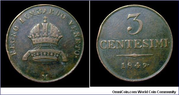 Lombardy-Venetia - Francis Joseph of Austria - 3 Centesimi I type - Copper