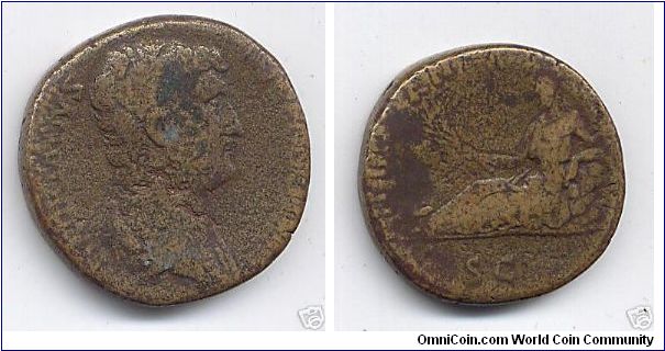 Hadrian 117-138ad 
Dupondius 
HADRIANVS AVG COS III P P, laureate & draped bust right 
Hispania reclining, leaning on rocks & holding a branch, rabbit at feet, SC in ex