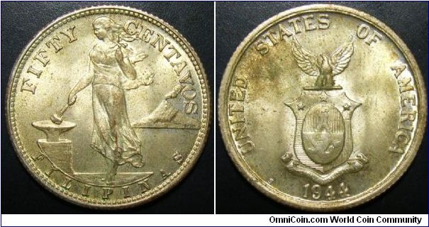 Philippines 1944 50 centavos, mintmark S. UNC coin but ruined by an unknown stain mark.