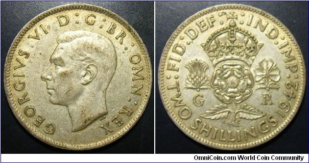 Great Britain 1942 2 shillings. High grade coin.