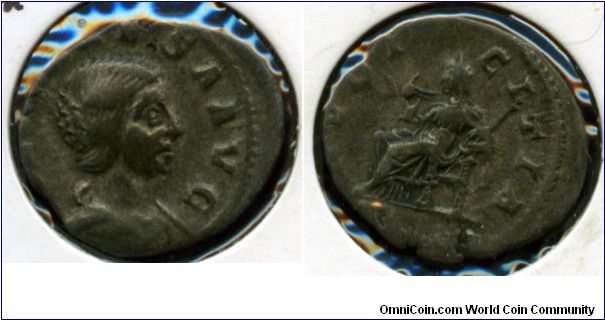 218-220ad
Julia Maesa
Grandmother of Elagabalus
IVLIA MAESA AVG, draped bust right 
PVDICITIA, Pudicitia seated left, 
raising veil and holding scepter
RIC 268