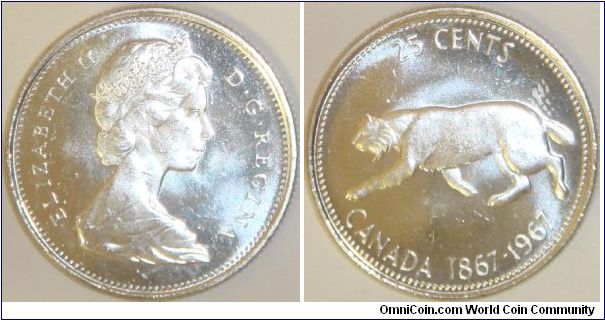 Canada, 25 cents, 1967 100th Anniversary of the Confederation of Canada (the Bobcat), silver