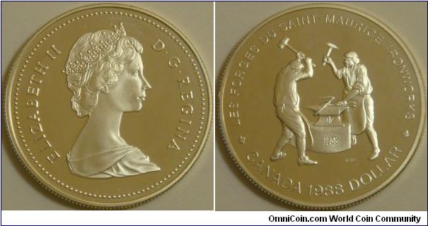 Canada, 1 dollar, 1988 250th anniversary of the Québec based St-Maurice ironworks, Silver coin