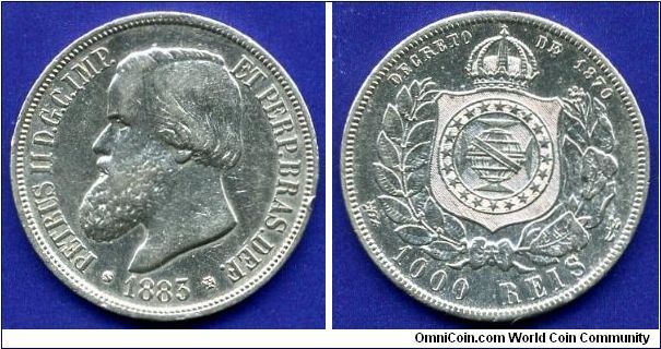 1000 reis.
Imperio Do Brazil.
D. Pedro II (1831-1889) Constitucional imperador do Brasil.
Mintage 31,000 units.


Ag917f. 12,7gr.