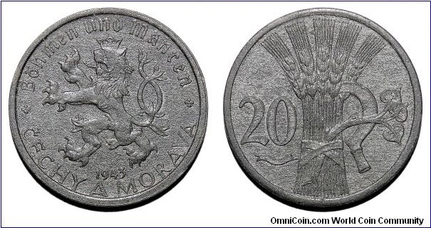 BOHEMIA & MORAVIA (PROTECTORATE)~20 Haleru 1941. German occupation coinage.