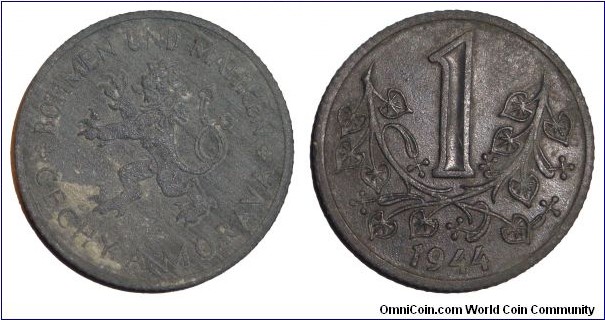 BOHEMIA & MORAVIA (PROTECTORATE)~1 Koruna 1944. German occupation coinage.