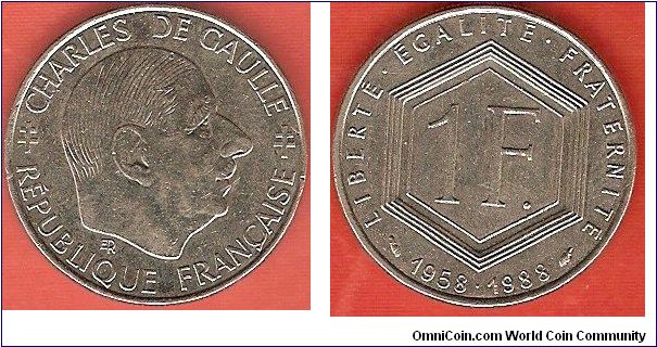 1 franc
30th anniversary of Fifth Republic
Charles de Gaulle, first president of the 5th Republic
nickel