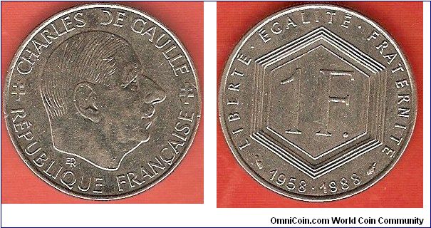 1 franc
30th anniversary of Fifth Republic
Charles de Gaulle, first president of the 5th Republic
nickel
