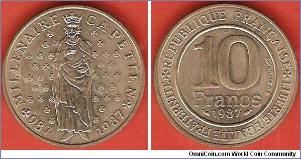 10 francs
millenium of Hugh Capet, founder of the House of Capet 
nickel-bronze