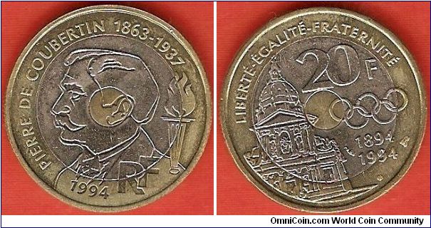 20 francs
Centennial of founding of modern Olympic games / Pierre de Coubertin, founder of the modern Olymic movement
trimetal coin