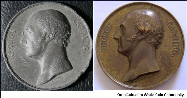 George Canning Death Medal 1827. Lead unifaced Trial Strike of a french medal by Galle.  The image in the reverse position is the finished medal for comparison only.  Lead 51mm
