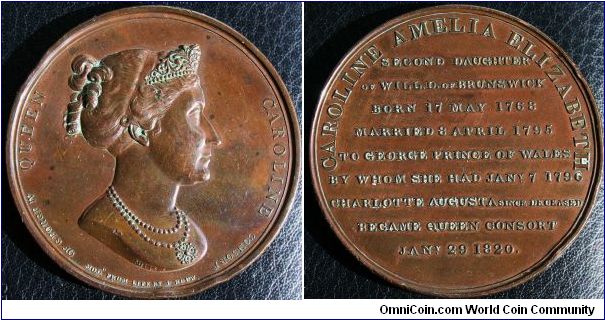 Accession of Queen Caroline Consort of George IV. Bronze 54mm by G.Mills after P.Rouw  1820.  BHM# 1019
