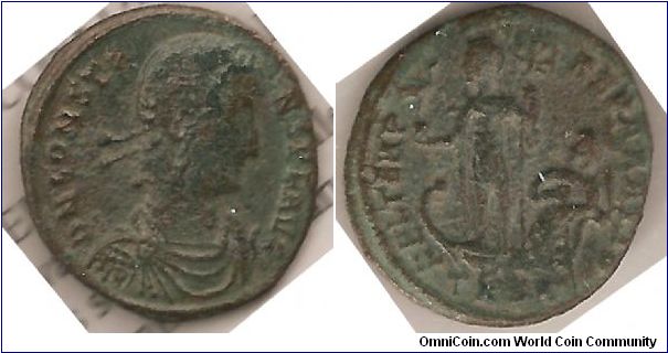 Constantius II 337-361 Soldier advancing left, Constantius standing on galley, holding phoenix and labarum