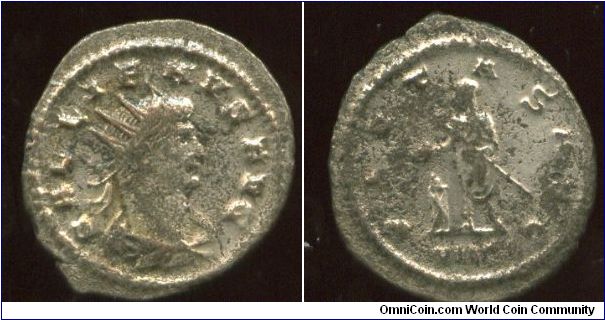 Gallienus 253-268ad
Issue to commemerate 7th Consulship 266ad
Antioch mint
GALLINUS AUG, Radiate, cuirassed bust facing left on image
PIETAS AUG, Gallienus holding staff and sacrificing at flaming altar.  
VIIC dot in Ex