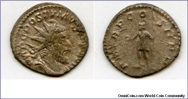 260ad  
Postumus
1st Emperor of the breakaway Gallic Empire, 260-269   
Antoninianus  
Cologne or Lyons not sure which
IMP C POSTVMVS P F AVG, radiate, draped & cuirassed bust right  
P M TR P COS II P P, Postumus standing left with globe and spear
