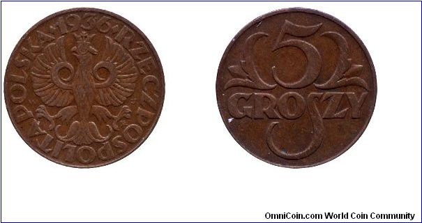 Poland, 5 groszy, 1936, Bronze, Republic of Poland.                                                                                                                                                                                                                                                                                                                                                                                                                                                                 