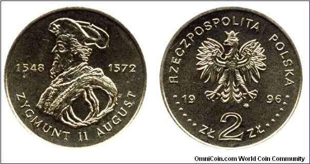 Poland, 2 zlote, 1996, Zygmunt II August (1548-1572), Republic of Poland.                                                                                                                                                                                                                                                                                                                                                                                                                                           