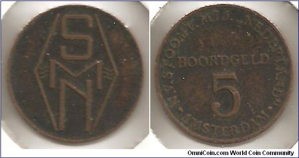 5 Cents Boordgeld Ship money circa 1950-1960 for the N.V Stoomv