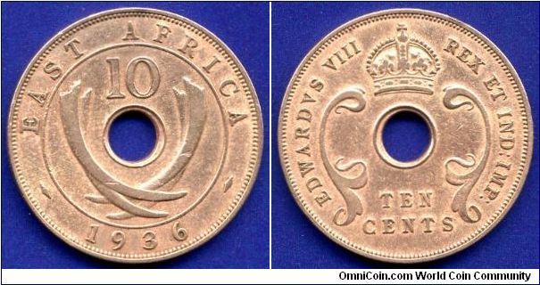 10 cents.
Edward VIII (1936).
Without mintmark, Royal Mint, London.


Br.