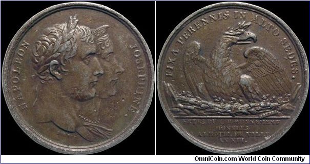 Fetes du Couronnement, France. A white metal example of a medal produced to commemorate Napoleon and Josephine's coronation. It looks like it traveled a lot in someone's pocket.                                                                                                                                                                                                                                                                                                                                   