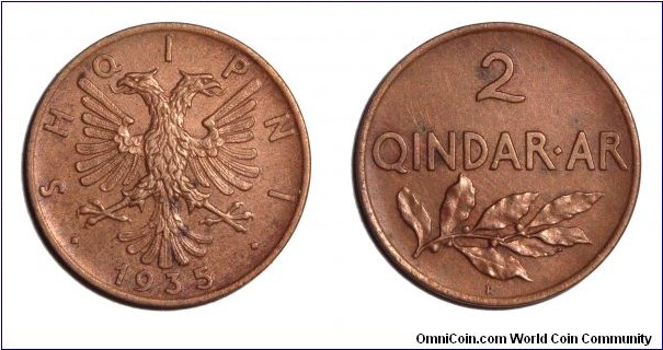 ALBANIA (KINGDOM~2 Qindar Ar 1935. Mint: Rome