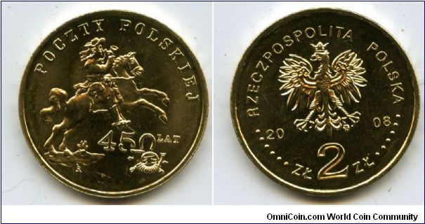 2Zl
450 Years of the Polish Postal 

Service
Image of a mounted post rider on horse of the beginning of 18th century.  At the bottom on the right-hand side an inscription: 450 LAT (450th anniversary). Below the inscription a stylized image of a postal trumpet
Eagle, value & date