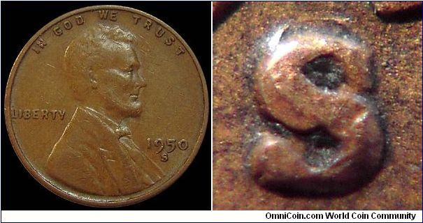 1950S Lincoln Cent, Re-Punched Mint Mark, Very Pronounced Upper Curve to the North and a Lower Split Serif Making this a S/S/S