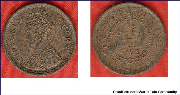 British India
1/2 pice
Victoria, queen
copper
Calcutta Mint
