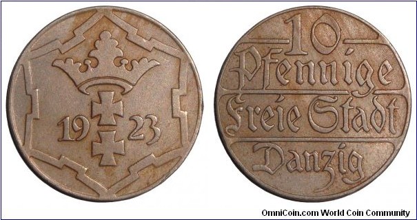 DANZIG (FREE CITY)~10 Pfennige 1923.