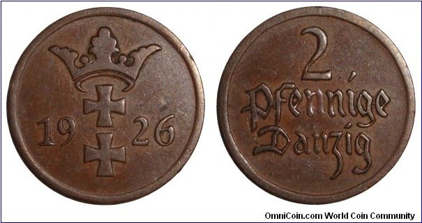 DANZIG (FREE CITY)~2 Pfennige 1926.