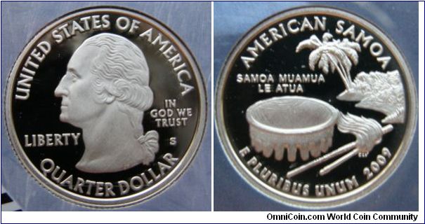 The American Samoa quarter reverse design depicts the ava bowl (tanoa), whisk and staff in the foreground with a coconut tree on the shore in the background and the inscriptions, AMERICAN SAMOA and SAMOA MUAMUA LE ATUA, the motto of American Samoa, which means Samoa, God is First.